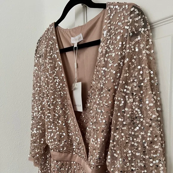 Maya Plus Bridesmaid delicate sequin wrap maxi dress in taupe blush